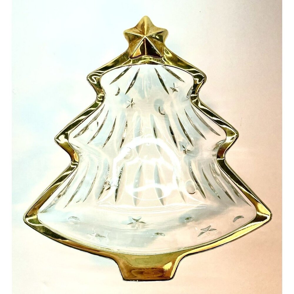 Vintage Mikasa Crystal Dish Christmas Tree With Star Gold Trim 6" Japan